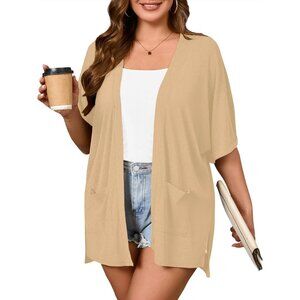 Plus Size Women's Knit Short Sleeve Cardigan Pockets Summer Casual Wear